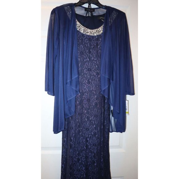 R&M Richards Women's Sz 14 Navy Beaded Dress & Flyaway Jacket 2 Piece Set $139 - Picture 3 of 7